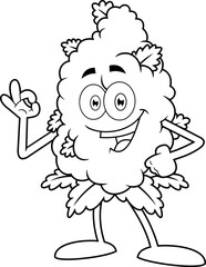 Outlined Happy Marijuana Bud Cartoon Character Gesturing. Vector Hand Drawn Illustration Isolated On Transparent Background