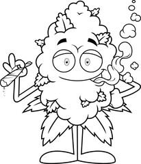 Outlined Marijuana Bud Cartoon Character Smoking A Joint. Vector Hand Drawn Illustration Isolated On Transparent Background