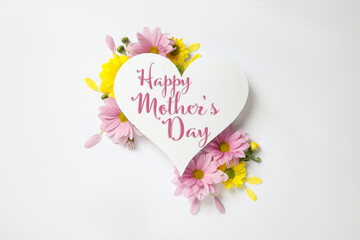 Happy Mother's Day greeting card in shape of heart and beautiful flowers on white background, flat...