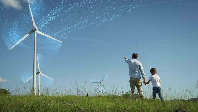 Father And Daughter Walking Through Wind Farm. Professional Male Engineer Showing Next Generation Sustainable Green Energy Resources. VFX Graphics Animation Visualizing Air Particles Moving the Blades