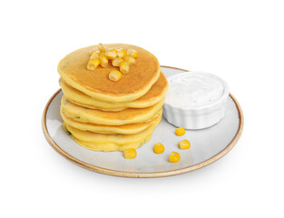 Plate with tasty corn pancakes and sauce isolated on white