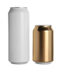 Aluminum cans with drinks on white background