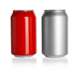 Aluminum cans with drinks on white background