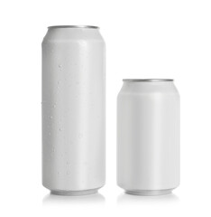 Aluminum cans with drinks on white background