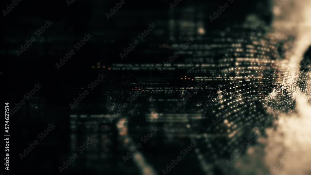 Aufkleber Futuristic abstract de-focus data matrix, meta, metaverse, telemetry and encrypt numbers display with particles simulation in cyber space environment for head up display background
