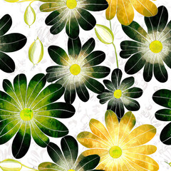 Seamless floral background, Illustration, Green and Yellow Flowers