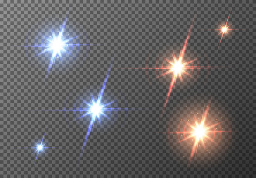Vector red blue sun lens flare transparent background special light effect. Abstract blur glow glare design. Star rays spotlight. Electric lightning bolt sparks. Hot and cold isolated sparkling burst