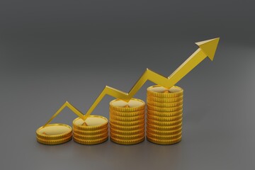 Rising up line graph with gold coins stacking. 3D rendering