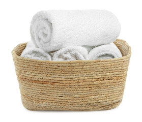 Fototapeta na wymiar Wicker laundry basket with clean towels isolated on white
