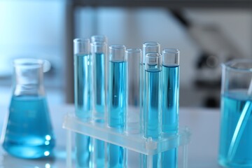 Test tubes with light blue liquid in laboratory, closeup