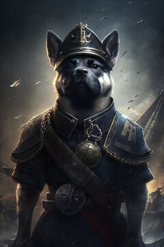 Jiangjun: Cool Black Dog in Chinese Naval Battle Dress - Cinematic Lighting, Exquisite 8K High-Definition Cinematography