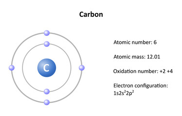 Carbon atomic structure, atomic mass, atomic number and electron configuration. Vector illustration.