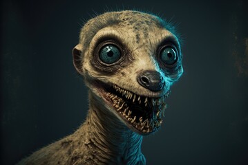 Creepy illustration close up portrait of mutant zombie monster meerkat with sharp teeth and dead looking eyes. AI generative