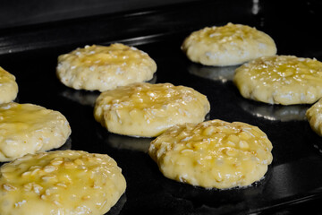 Process of cooking many homemade crunchy oatmeal cookies on metal sheet in oven - close up view....