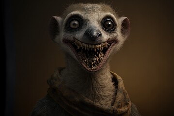 Creepy illustration close up portrait of mutant zombie monster meerkat with sharp teeth and dead looking eyes. AI generative