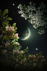 Crabapple Blossoms in Moonlight: A Dreamy and Romantic 3D Scene with Stars and Flowers, Ultra HD Image Quality