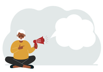 A man with a mouthpiece in his hand sits cross-legged. From loudspeaker bubbles to accommodate text.