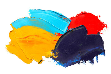Colorful oil paint strokes on white background, top view