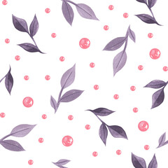 Abstract violet leaves and pink circles dots seamless watercolor pattern on white background
