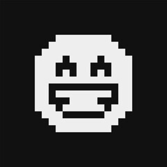 Beaming face with smiling eyes, smiling emoticon, emoji, smiley. Pixel art style. Funny cartoon character. Web icon. Facial expression. 1-bit style. Isolated abstract vector