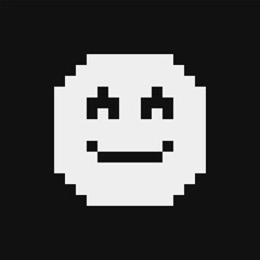 Smiling face with smiling eyes emoji, emoticon, smiley. Pixel art style. Funny cartoon character. Web icon. Facial expression. 1-bit style. Isolated abstract vector.