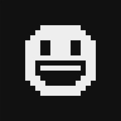 Grinning face with big eyes. Smiling emoticon, emoji, smiley. Pixel art style. Funny cartoon character. Web icon. Facial expression. 1-bit style. Isolated abstract vector