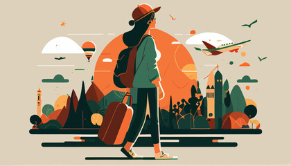 Adventure travel flat vector illustration of woman with baggage  © Roman