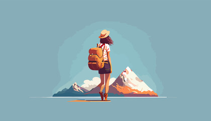 Adventure travel flat vector illustration of woman with baggage 
