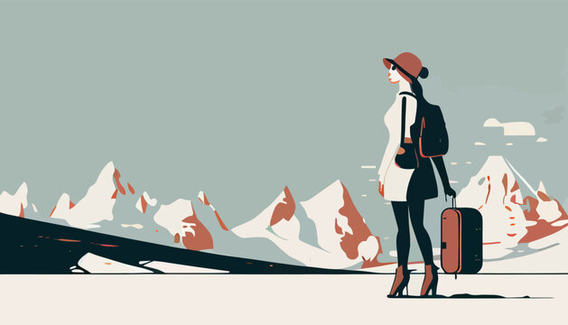Adventure travel flat vector illustration of woman with baggage 