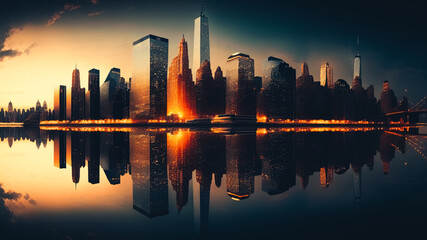Fototapeta na wymiar City panorama at sunrise with reflections