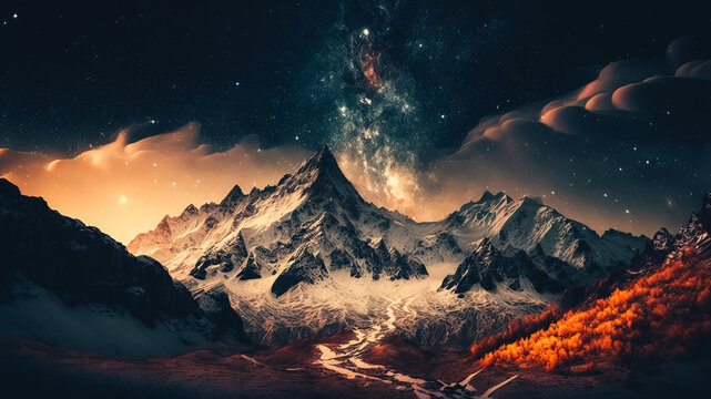 Fantastic starry sky. Autumn landscape and snow