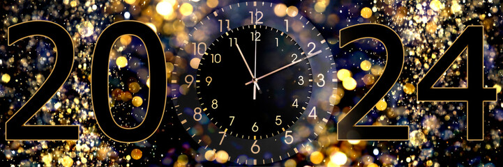 Fototapeta na wymiar New Year greeting card with numbers 2024 and clock against blurred lights, banner design
