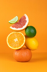 Balancing citrus fruits on the table. Pyramid of citrus fruits: grapefruit, lime, orange, lemon on orange background. 