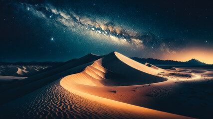 Rolling sand dunes at night with the milky way - obrazy, fototapety, plakaty