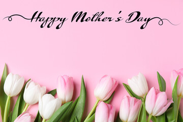 Happy Mother's Day. Greeting card with tulip flowers on pink background, top view