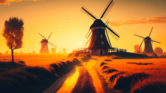 Historic buildings. Agriculture. Summer landscape during sunset