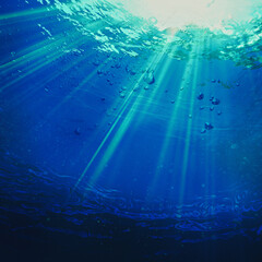 Deep underwater, abstract marine background. Tranquil view