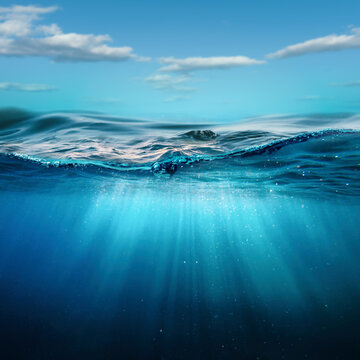 Deep underwater, abstract marine background. Tranquil view