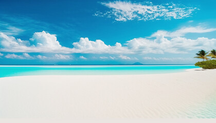 Beautiful tropical island sea beach landscape, turquoise ocean water, yellow sand, sun blue sky white cloud, green coconut palm tree leaves, paradise nature, summer holidays, vacation, tourism, travel