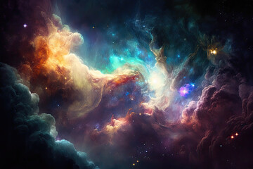 Fototapeta na wymiar Abstract outer space endless nebula galaxy background, generative AI