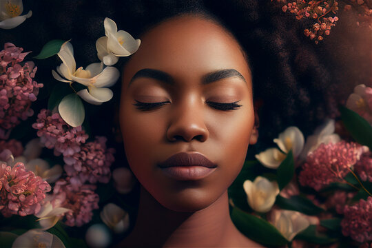 Young beautiful black woman lying on flowers enjoying spring, closed eyes, illustration, generative AI