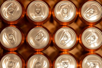 Colourful aluminium cans in rows.