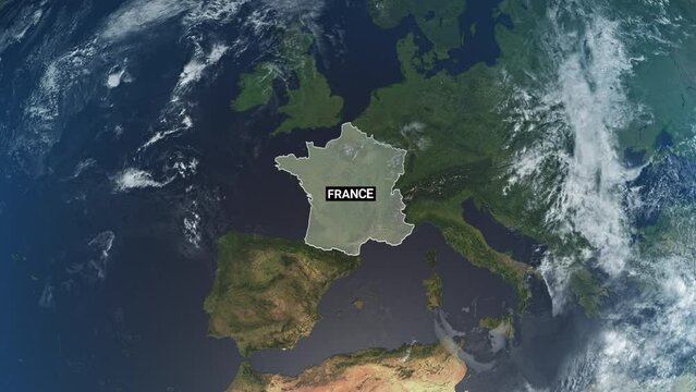 France map, zooming in from the space through a 4K photo real animated globe, with a panoramic view consisting of Asia, Africa and Eurasia. Epic spinning world animation, Realistic planet earth, highl