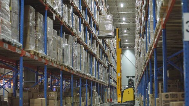 Special equipment in the warehouse of the factory. Modern loaders in a large warehouse. Warehouse work. Workflow in a large warehouse