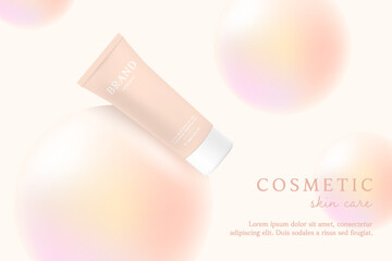 Orange cosmetic 3d background with drop of gradient liquid bubble.