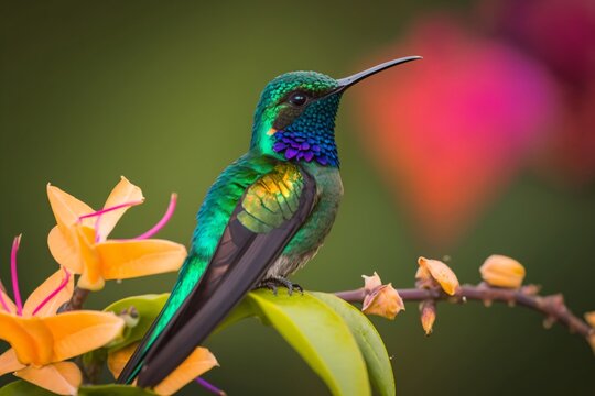 exotic colibri in the rain, hummingbird on a flower, tropic rainforest with beautiful multicolor bird, generative ai