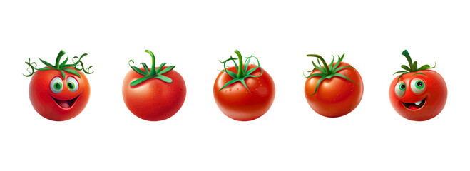 Collection of tomatoes. Cartoon Tomato with eyes and mouth. Whole tomatoes on a white background. Vector cartoon illustration. Vector flat illustration. Fresh red Vegetable, vegan Healthy organic food