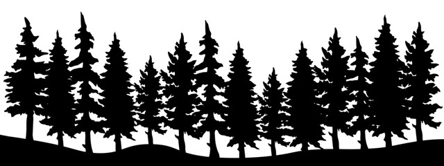 Forest blackforest wildlife adventure nature vector illustration banner landscape panorama - Black silhouette of spruce and fir trees, isolated on white background