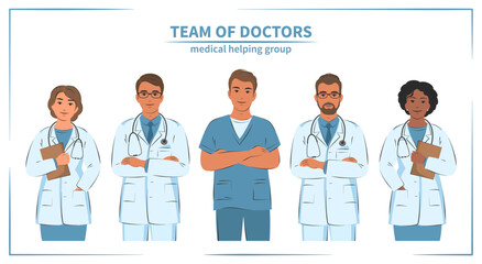 Set of doctors, nurses and paramedics. Medical helping group. Portraits of male and female medical. Vector illustration.