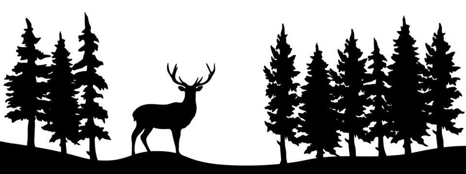 Black silhouette of wild deer and forest fir trees camping wildlife adventure landscape panorama illustration icon vector for logo, isolated on white background